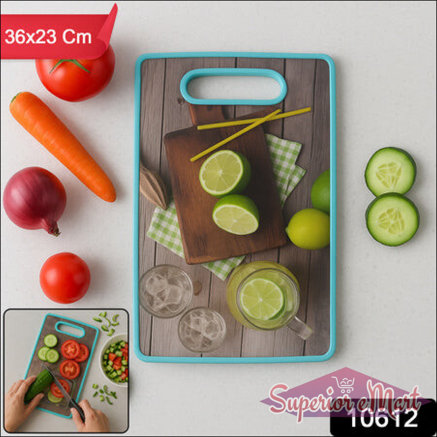 Superior eMart premium multipurpose cutting board with lime, cucumber, and vegetables on a wooden surface