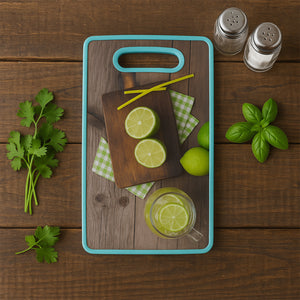Premium multipurpose cutting board with limes and herbs on a wooden kitchen table