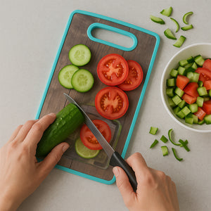 Superior eMart premium multipurpose cutting board with fresh vegetables being sliced for meal preparation