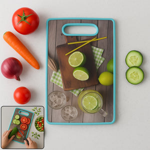 Premium multipurpose cutting board with vibrant vegetables and drinks for kitchen use