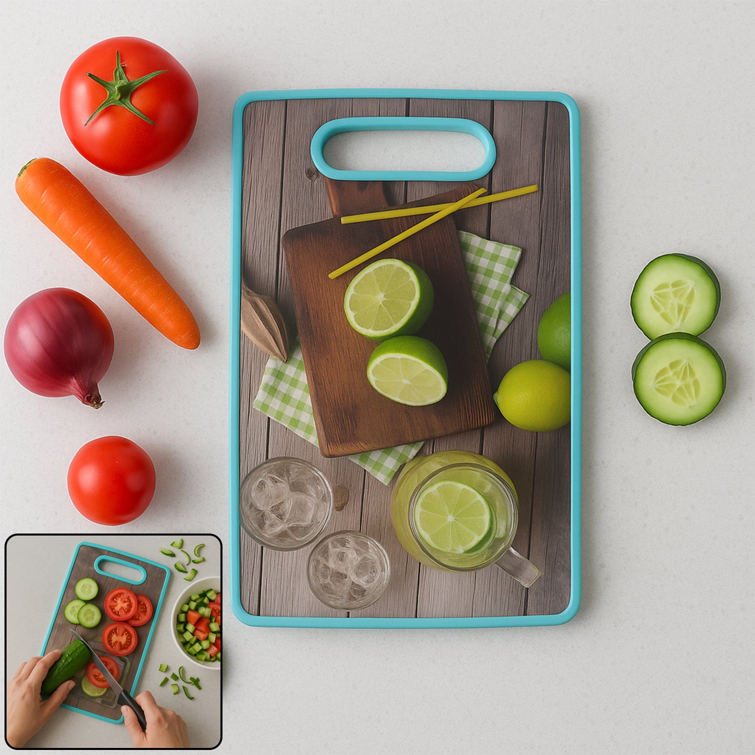 Premium multipurpose cutting board with vibrant vegetables and drinks for kitchen use