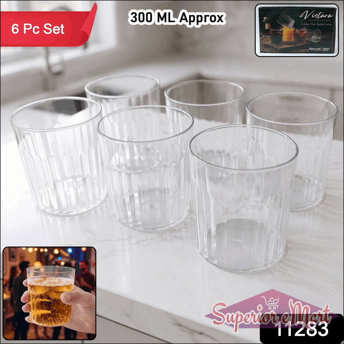 Premium Transparent Drinking Glass Set (6 Pc Set 300 Ml Approx)