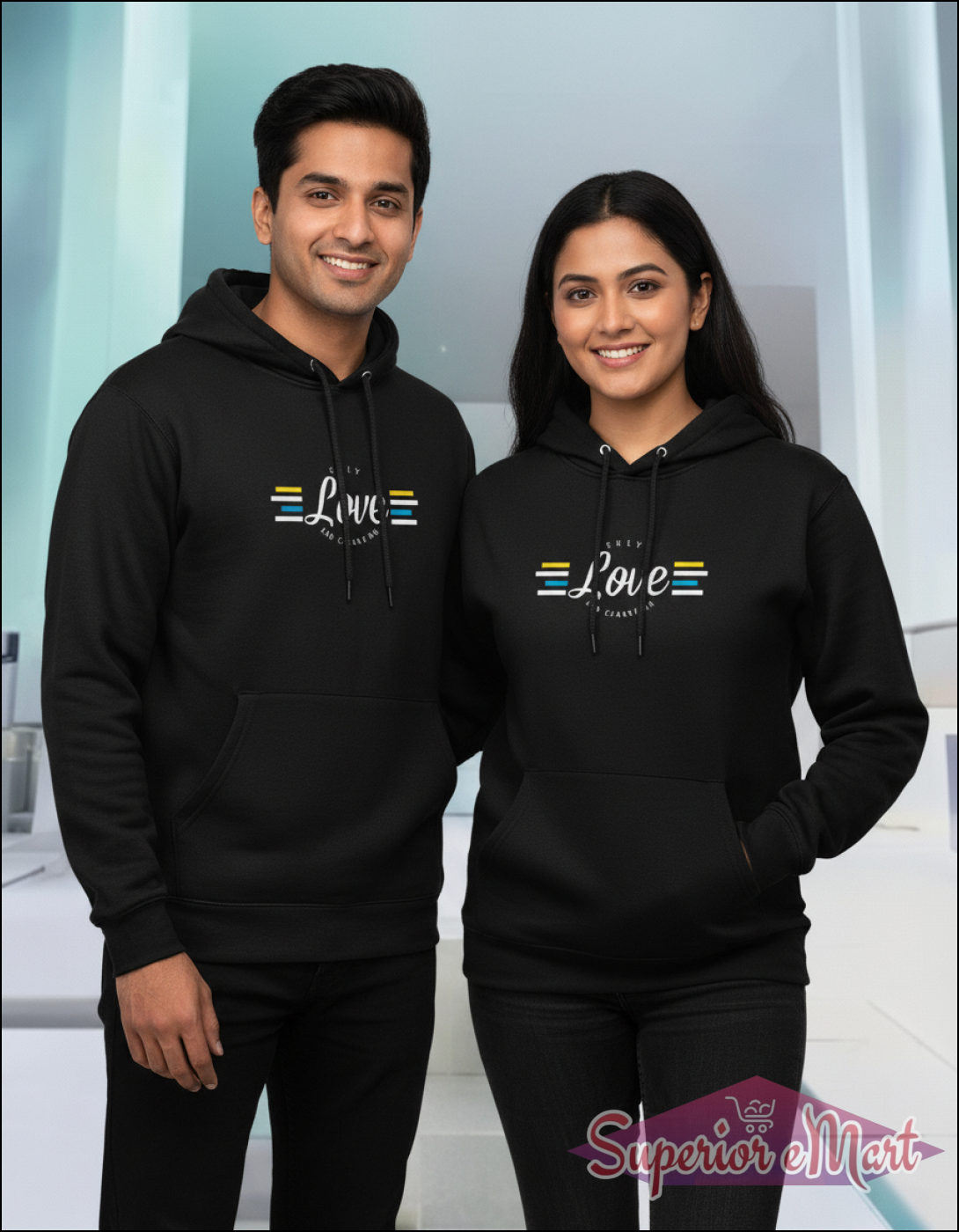 Two people wearing black hoodies with a design on a light background