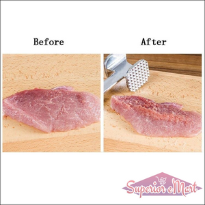 Before and after images showing the effect of the professional meat tenderizer hammer on meat texture