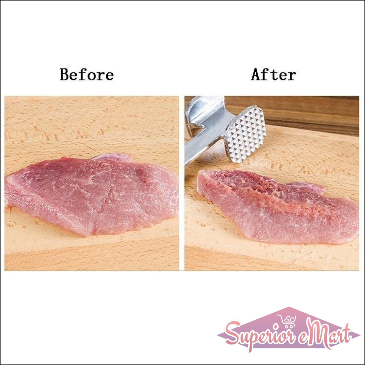 Before and after images showing the effect of the professional meat tenderizer hammer on meat texture