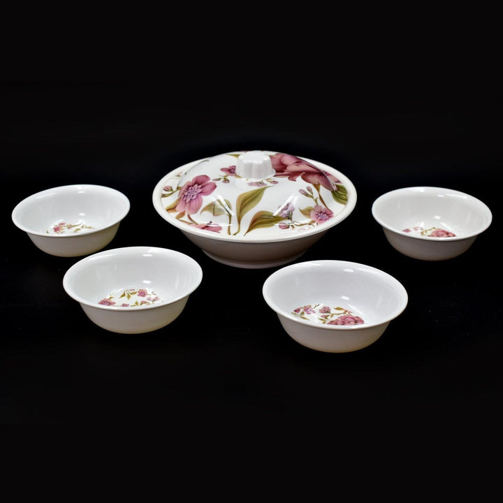 Elegant pudding serving set for home with floral design, including one large bowl and four small bowls