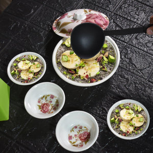 Elegant pudding serving set for home featuring decorative bowls and ladle for stylish dessert presentation