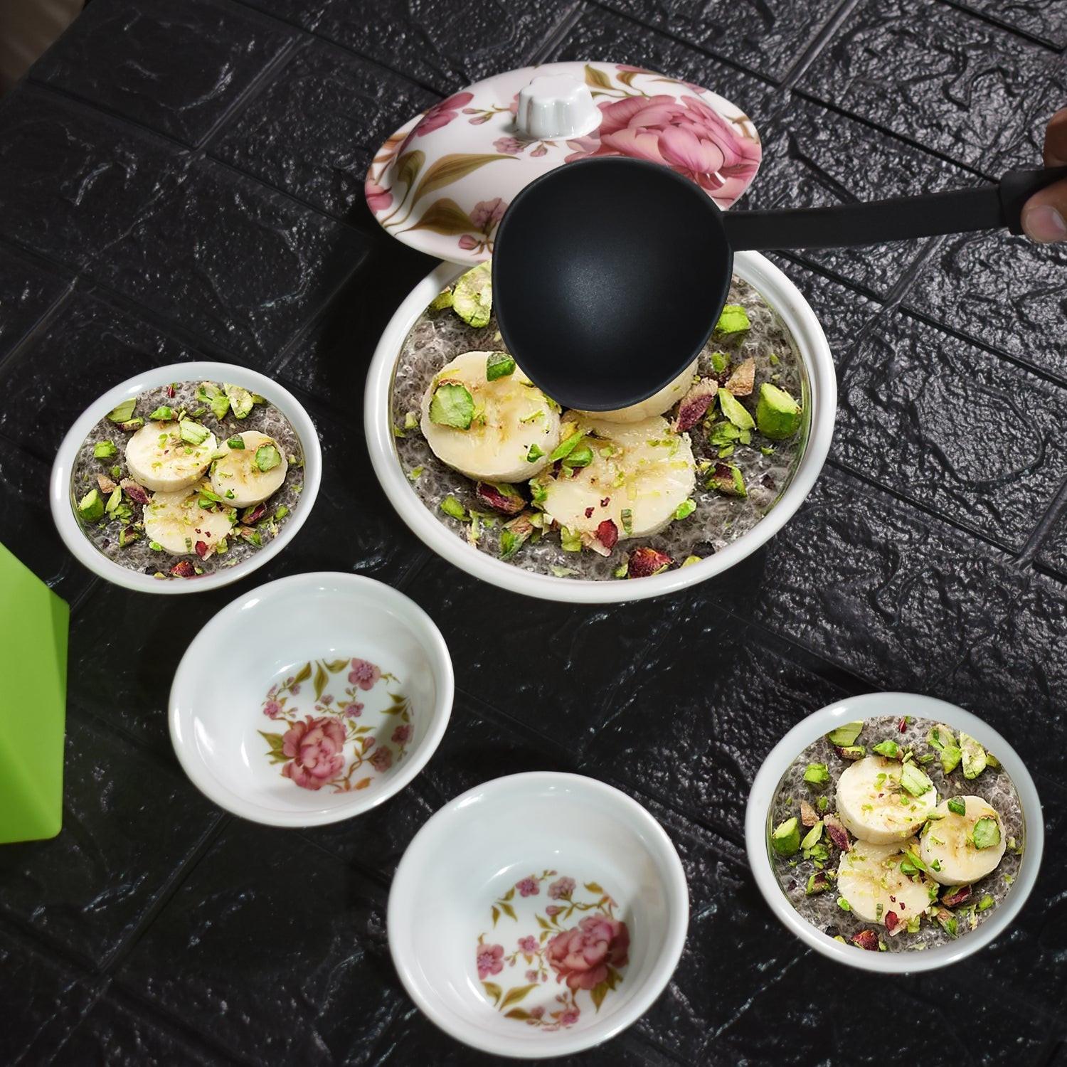 Elegant pudding serving set for home featuring decorative bowls and ladle for stylish dessert presentation