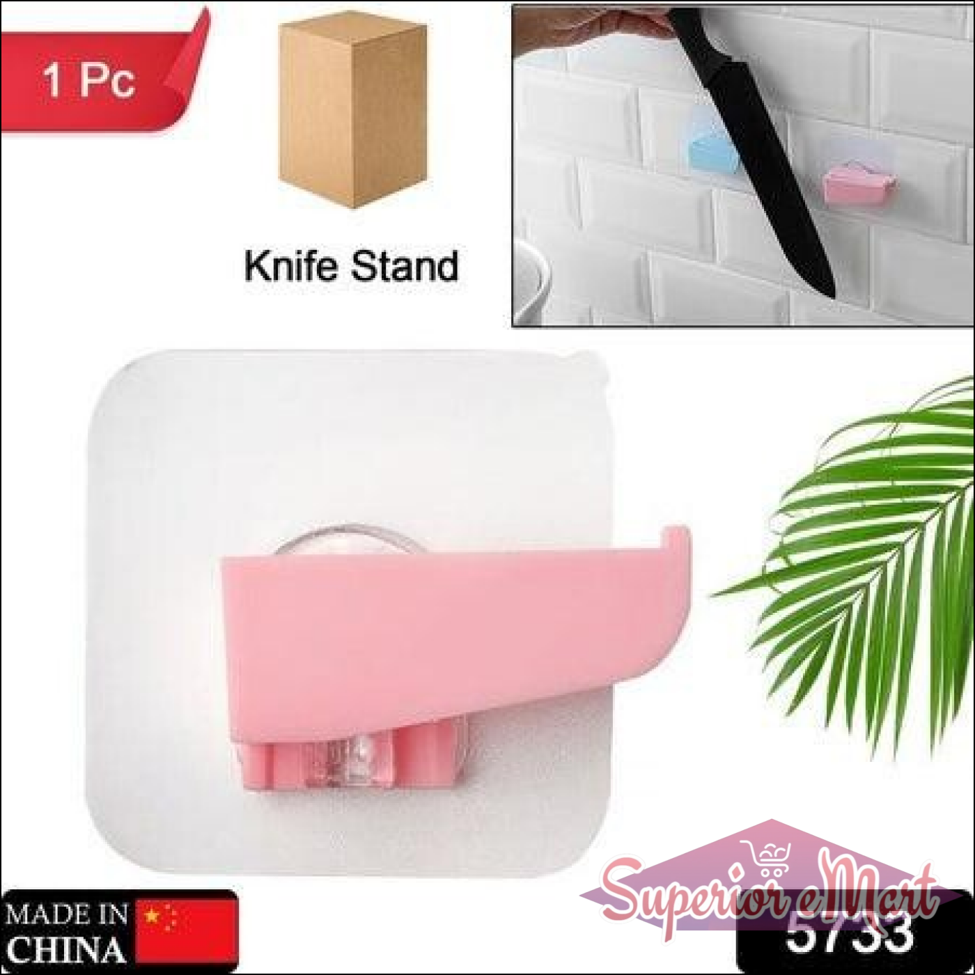Punch free knife holder in pink with adhesive backing for easy installation on kitchen walls