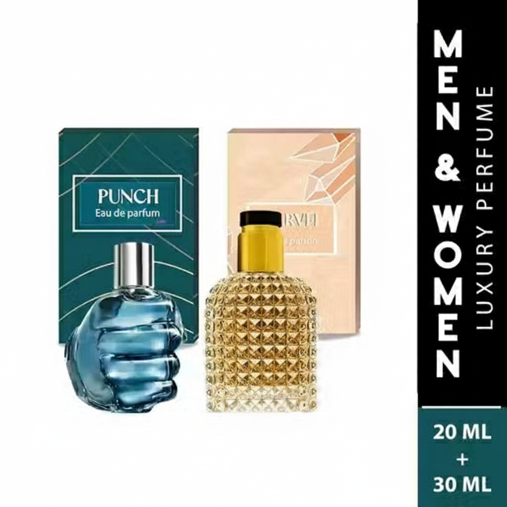 PUNCH MARVEL perfume set featuring Eau de parfum bottles for men and women in stylish packaging