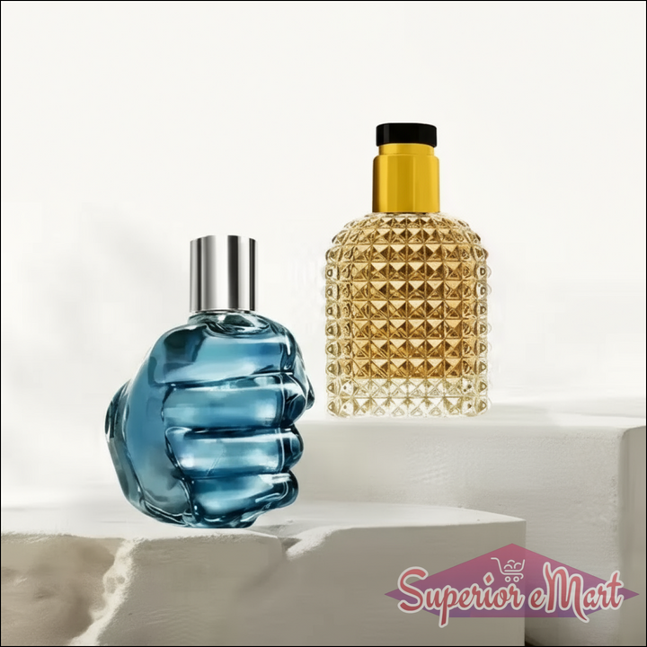 PUNCH MARVEL perfume set featuring a blue fist-shaped bottle and a gold studded bottle
