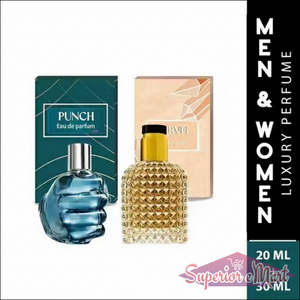 PUNCH MARVEL perfume set featuring Eau de parfum bottles for men and women in stylish packaging