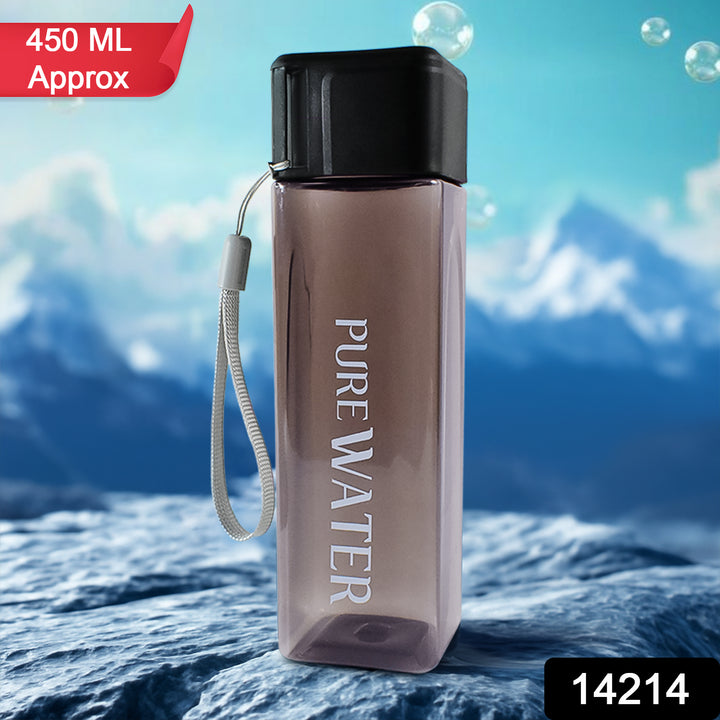 450ml square water bottle with black cap and wrist strap labeled Pure Water by Superior eMart