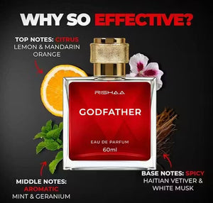 Red Rishaa Godfather perfume bottle with floral and fruit elements on a dark background