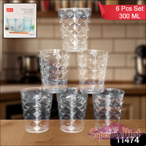 Set of 6 pyramid design unbreakable glass cups, 300 ML, perfect for home and kitchen use