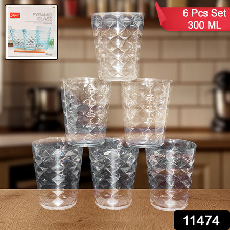 Set of 6 pyramid design unbreakable glass cups, 300 ML, perfect for home and kitchen use