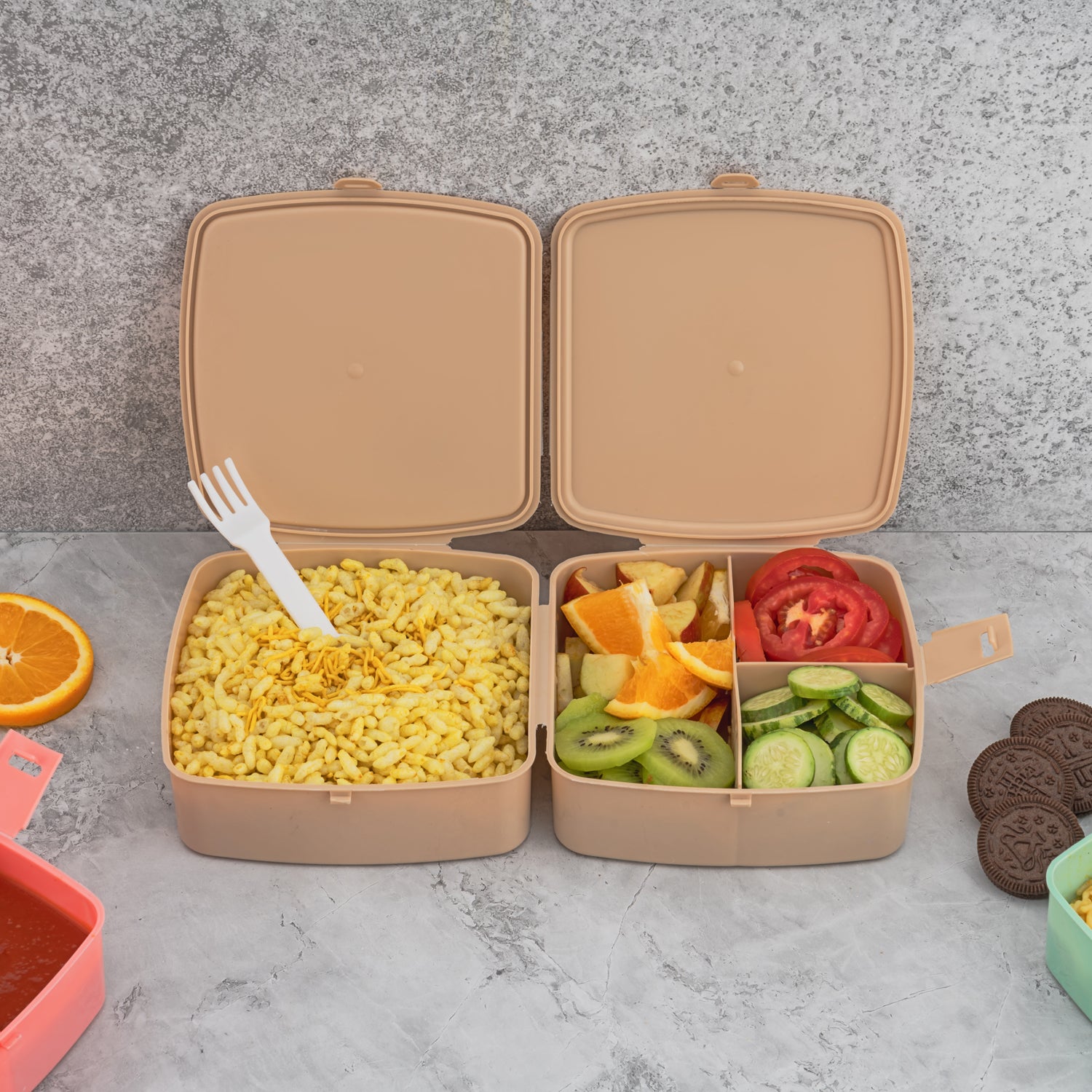 Double-Layer Square Lunch Box with Spoon , 4 Compartment Tiffin & Push Lock , Tiffin Box for Travelling, School Kids & Office Exclusive, Home