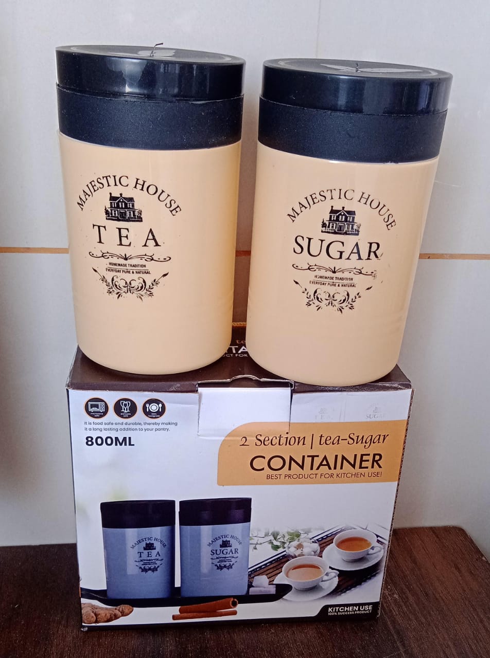 Tea Sugar Coffee Container, Plastic Damru Shaped Tea, Coffee, Sugar Canisters Jar, New Airtight Food Seal Containers for Salt, Dry Fruit, Grocery 2 Section (800 ML Approx)