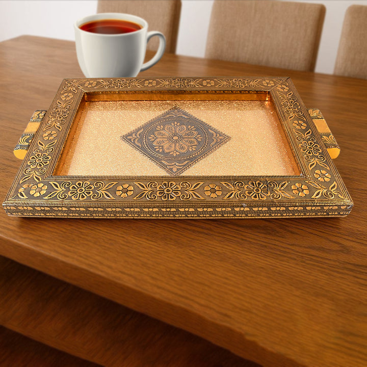 Superior eMart rajwadi style Serving tray with intricate floral design on wooden table with cup