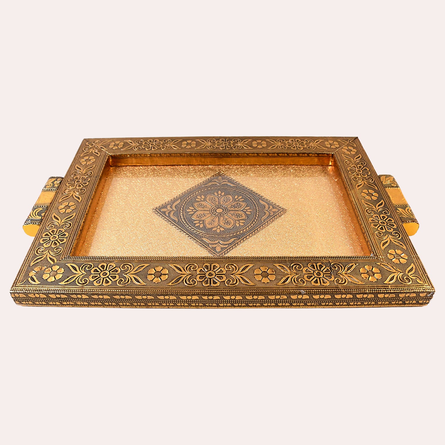 Superior eMart rajwadi style Serving tray with intricate floral designs in gold and brown tones
