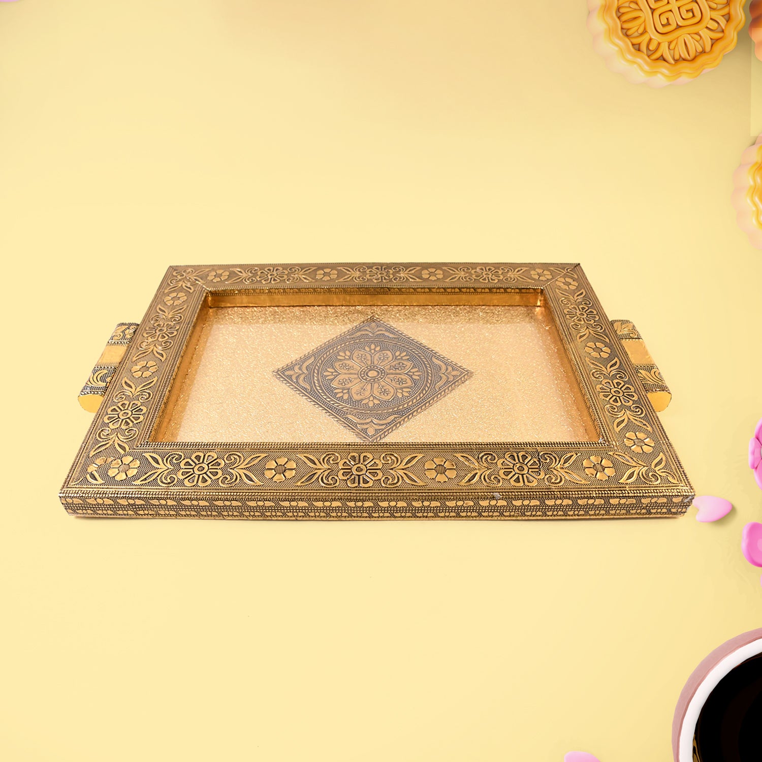 Superior eMart rajwadi style Serving tray with intricate floral designs on a gold-tone rectangular surface