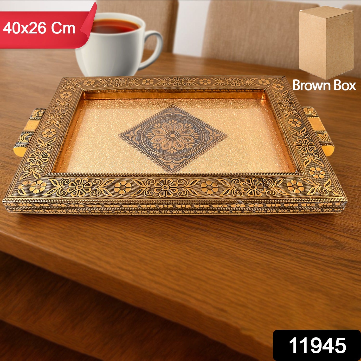 Superior eMart rajwadi style Serving tray with intricate floral design and gold finish on wooden table