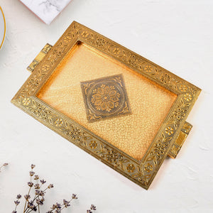 Superior eMart rajwadi style serving tray with intricate floral patterns in gold finish