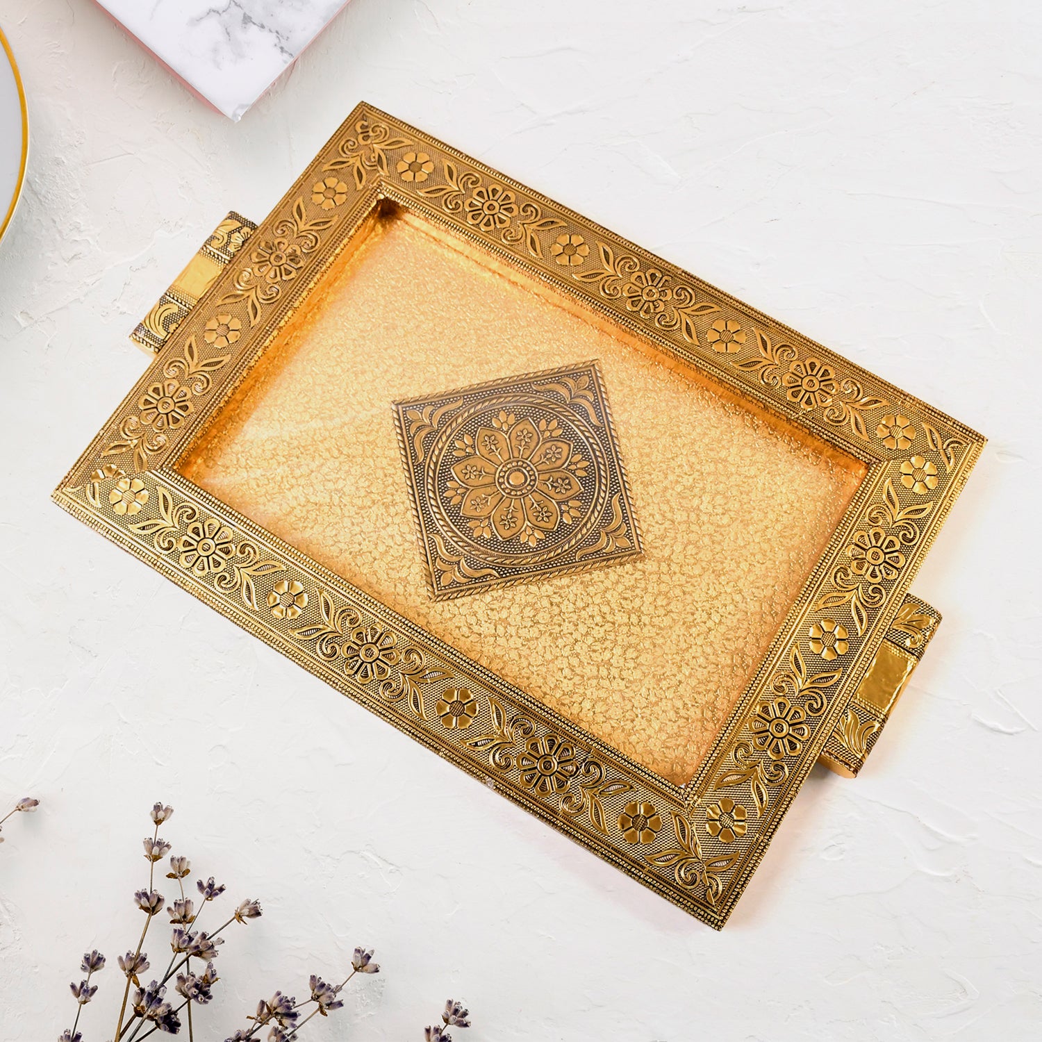 Superior eMart rajwadi style serving tray with intricate floral patterns in gold finish