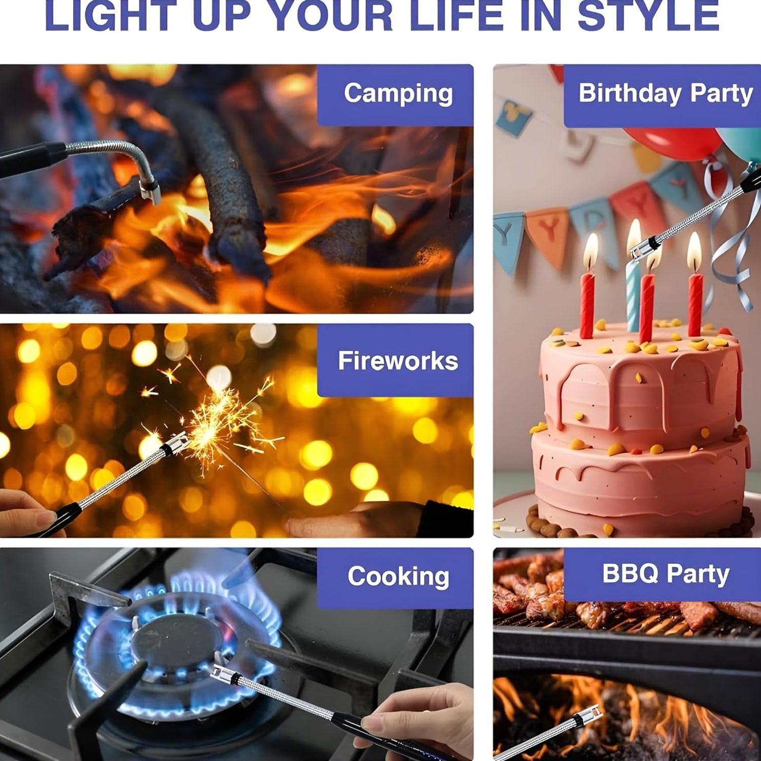 Rechargeable electric arc lighter ideal for camping, cooking, fireworks, and birthday parties