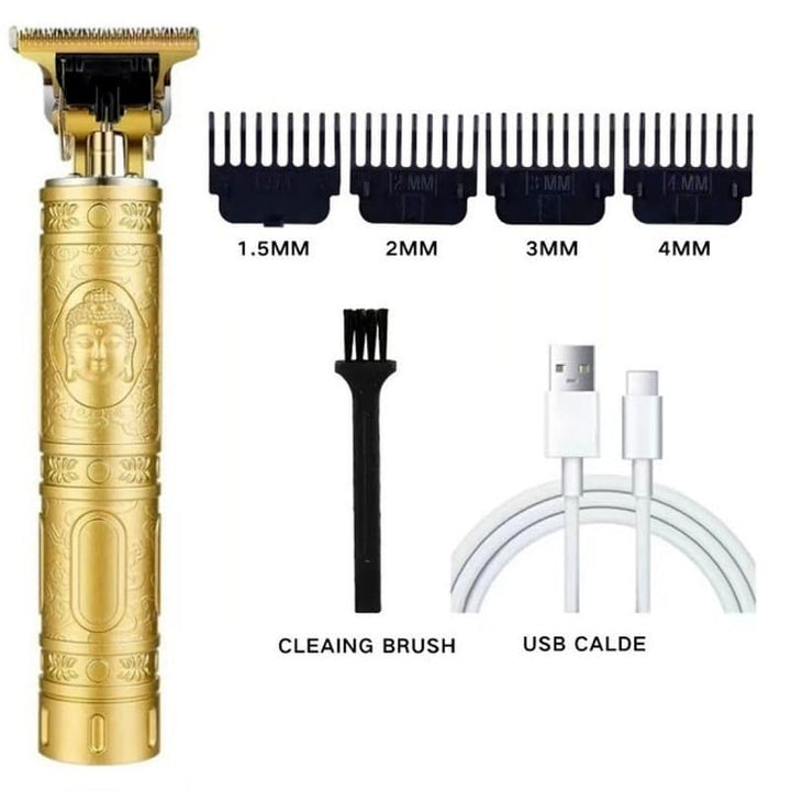 rechargeable T-blade hair trimmer for men with multiple guard lengths and USB charging cable