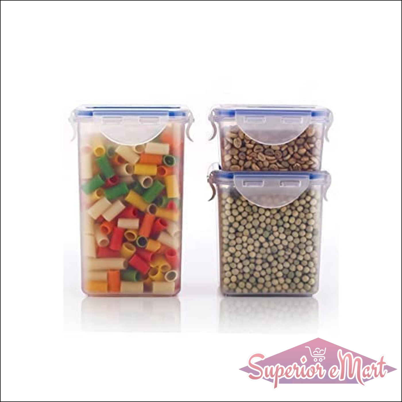 Set of three rectangle food storage containers for organizing pasta and dry goods