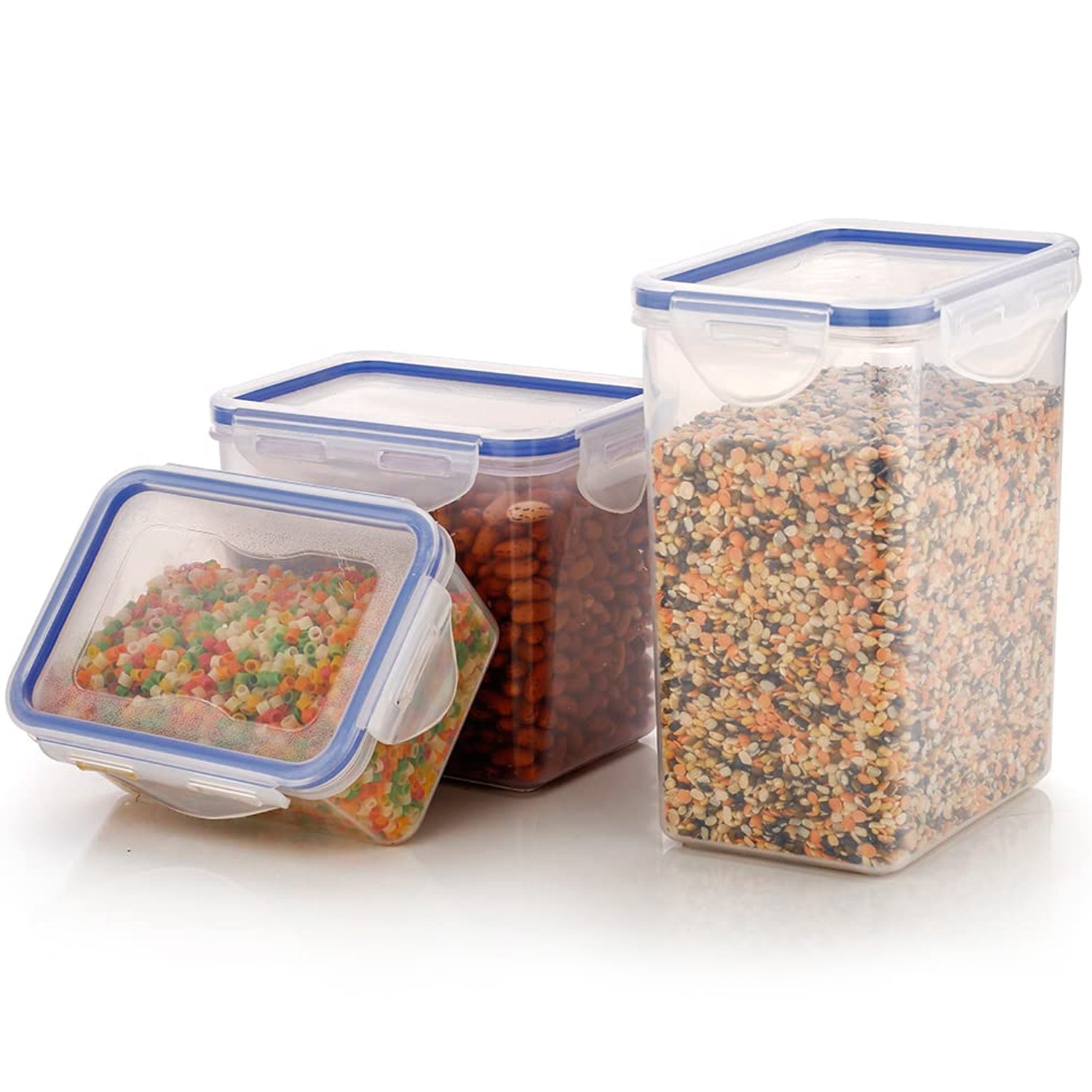 Three rectangle food storage containers with clear lids for organizing grains and snacks