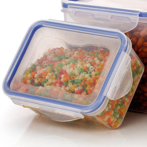 Transparent rectangle food storage containers with colorful beads inside for kitchen organization