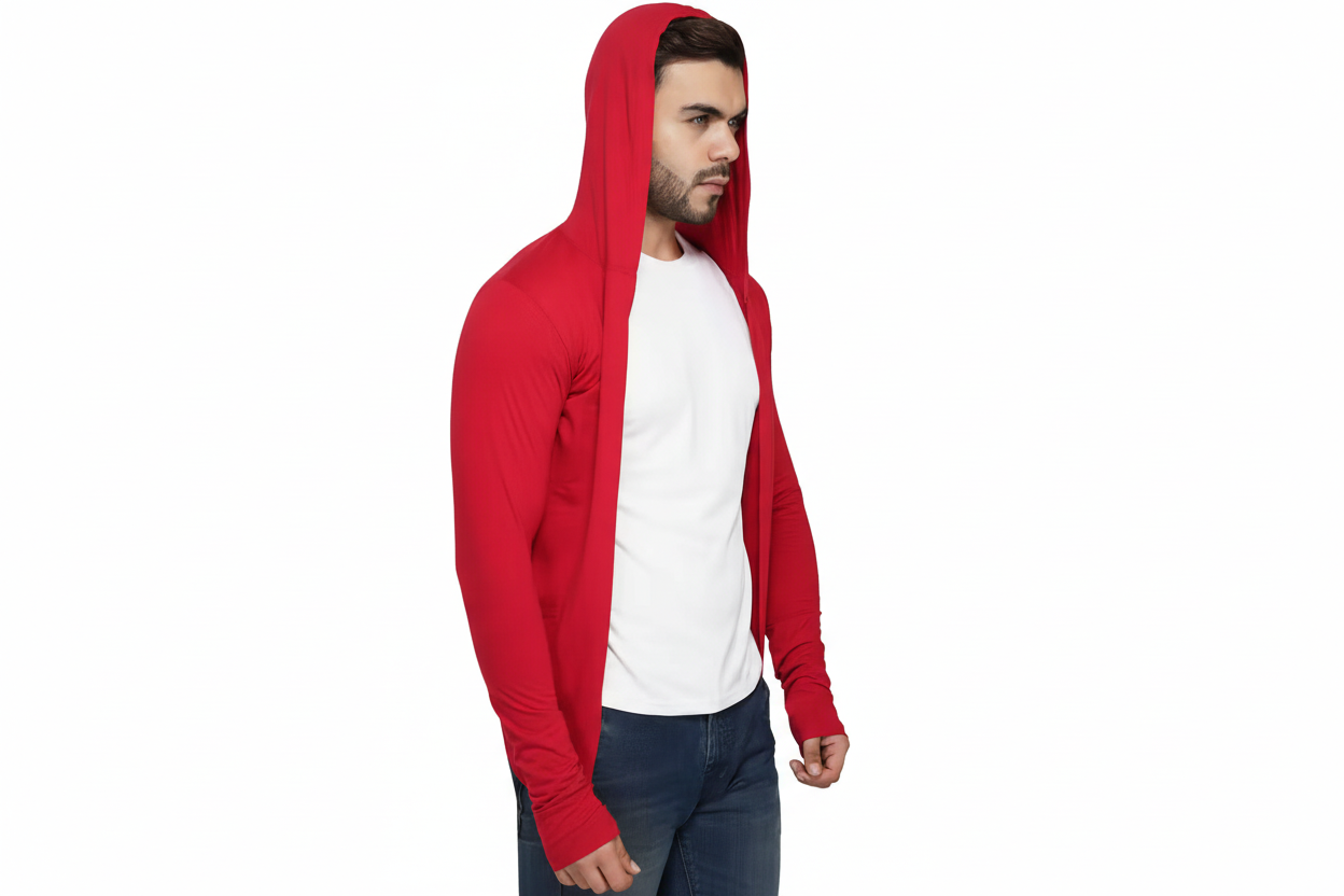 Man wearing a red hooded cardigan over a white shirt on a white background