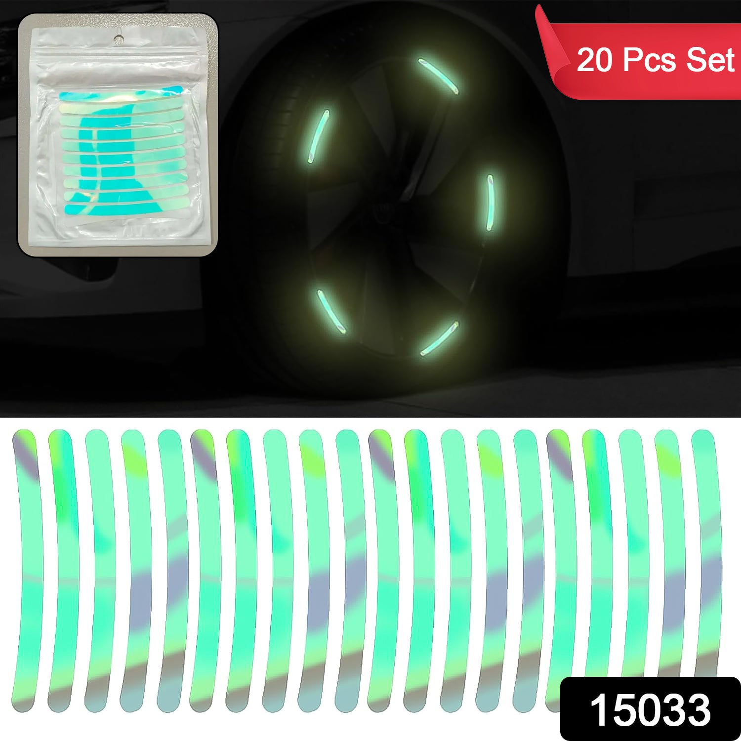 Reflective car wheel stickers set of 20 pieces designed for enhanced visibility and safety at night