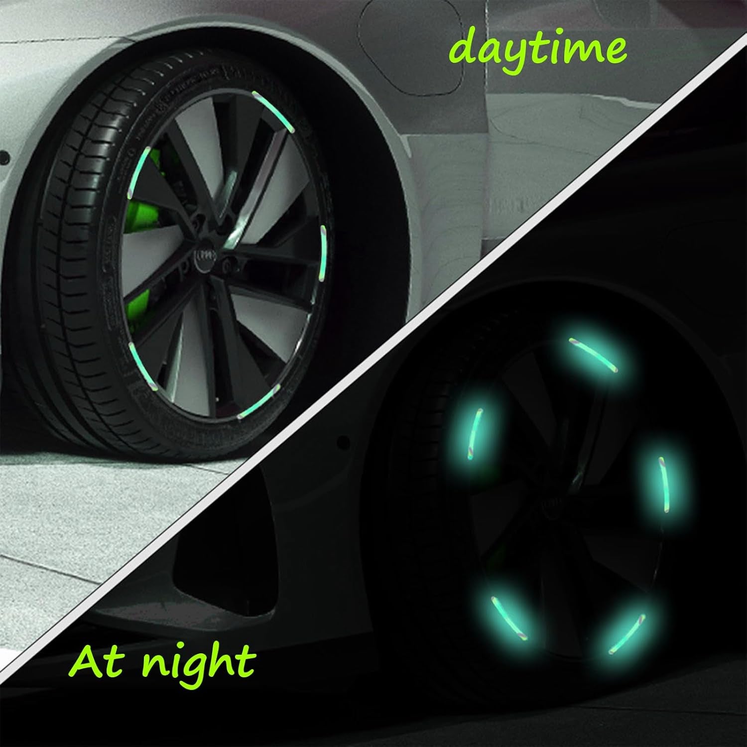 Reflective car wheel stickers visible in daylight and glowing at night for enhanced safety