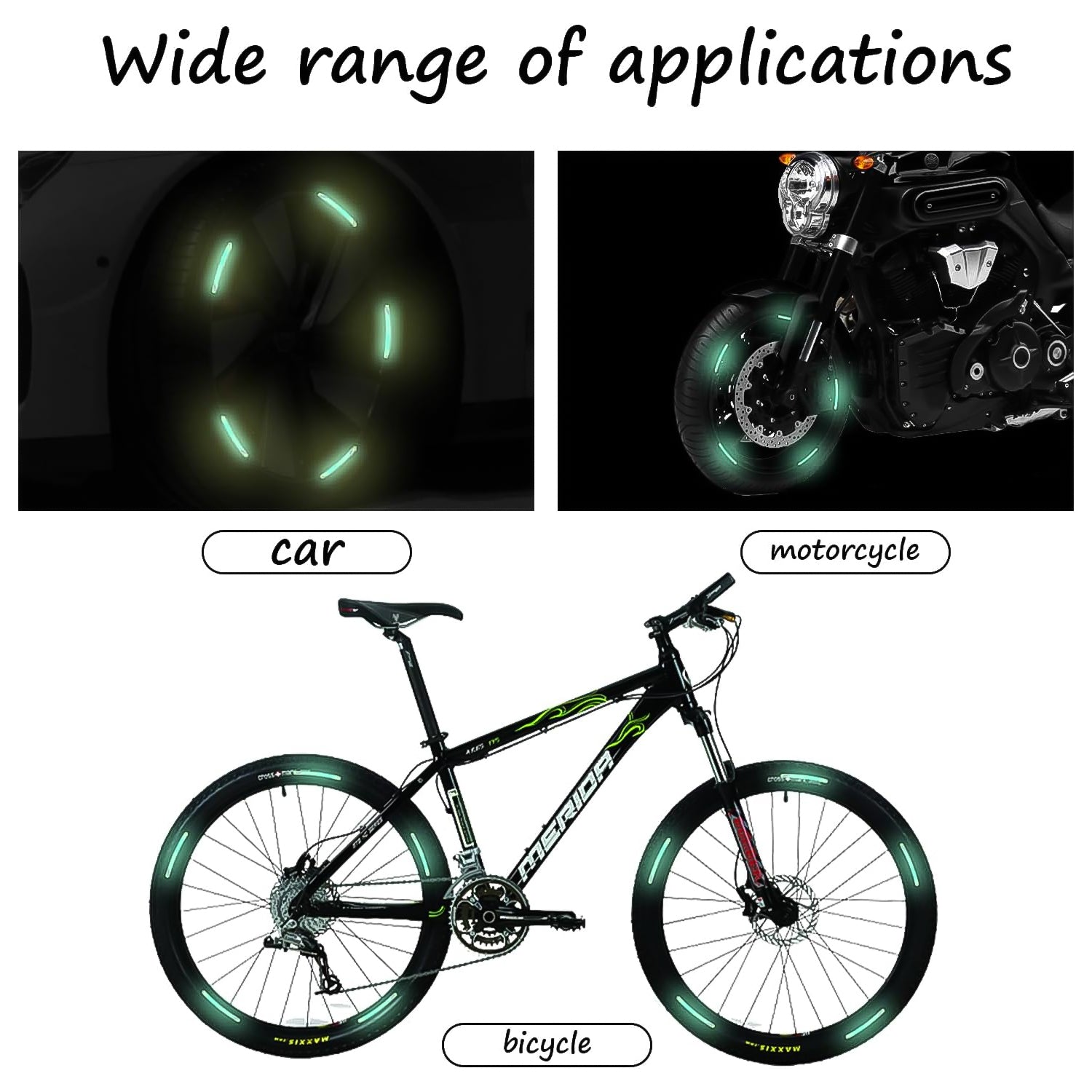 Reflective car wheel stickers for enhanced visibility on vehicles and bicycles in various lighting conditions