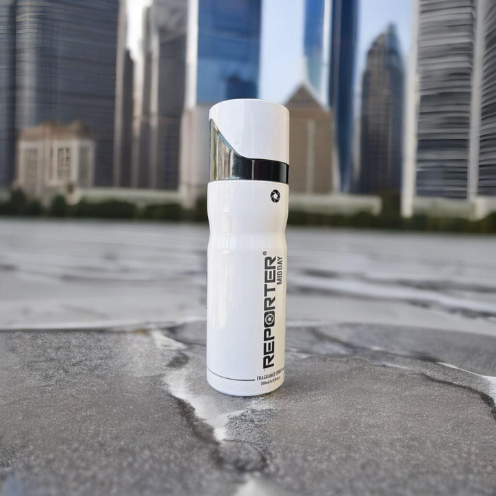 Reporter Midday Fragrance Spray 200ml white bottle with silver cap on outdoor urban surface