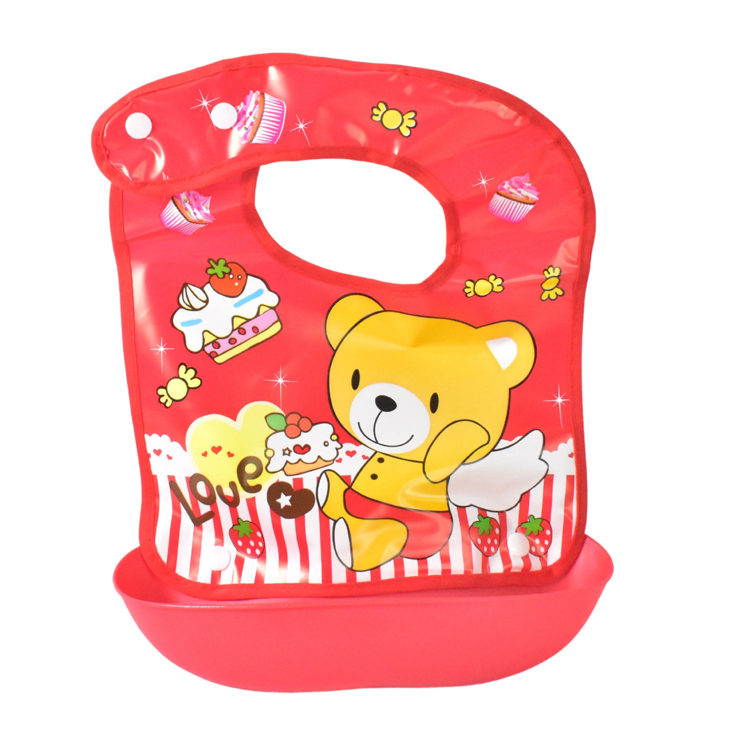 Bright red reusable baby bibs featuring a cute bear design and a catch-all pocket for easy cleanup