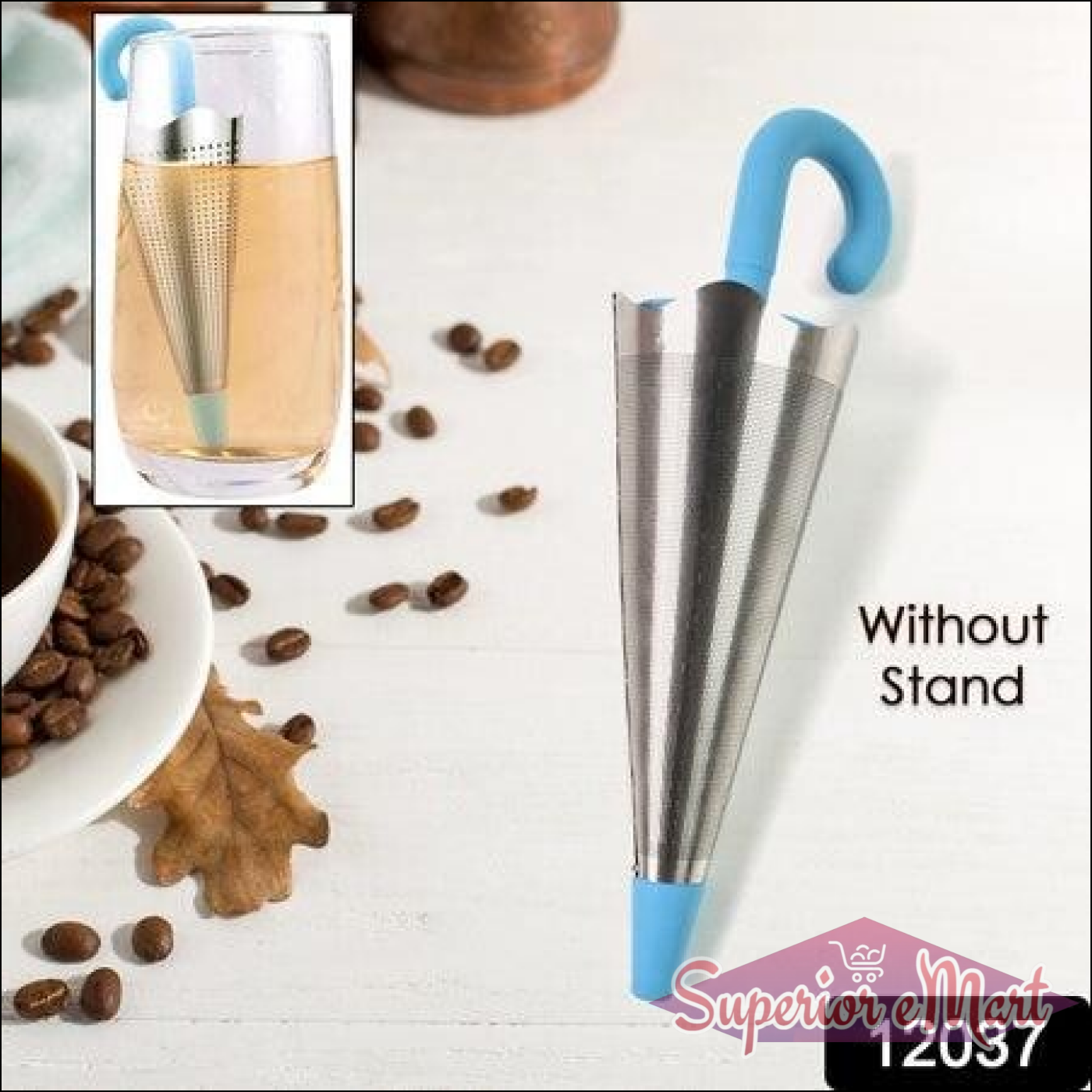 Cute umbrella tea strainer in stainless steel with blue handle for brewing loose leaf tea