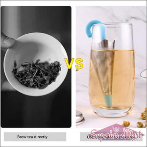 Cute umbrella tea strainer with a blue handle used to brew tea in a glass cup