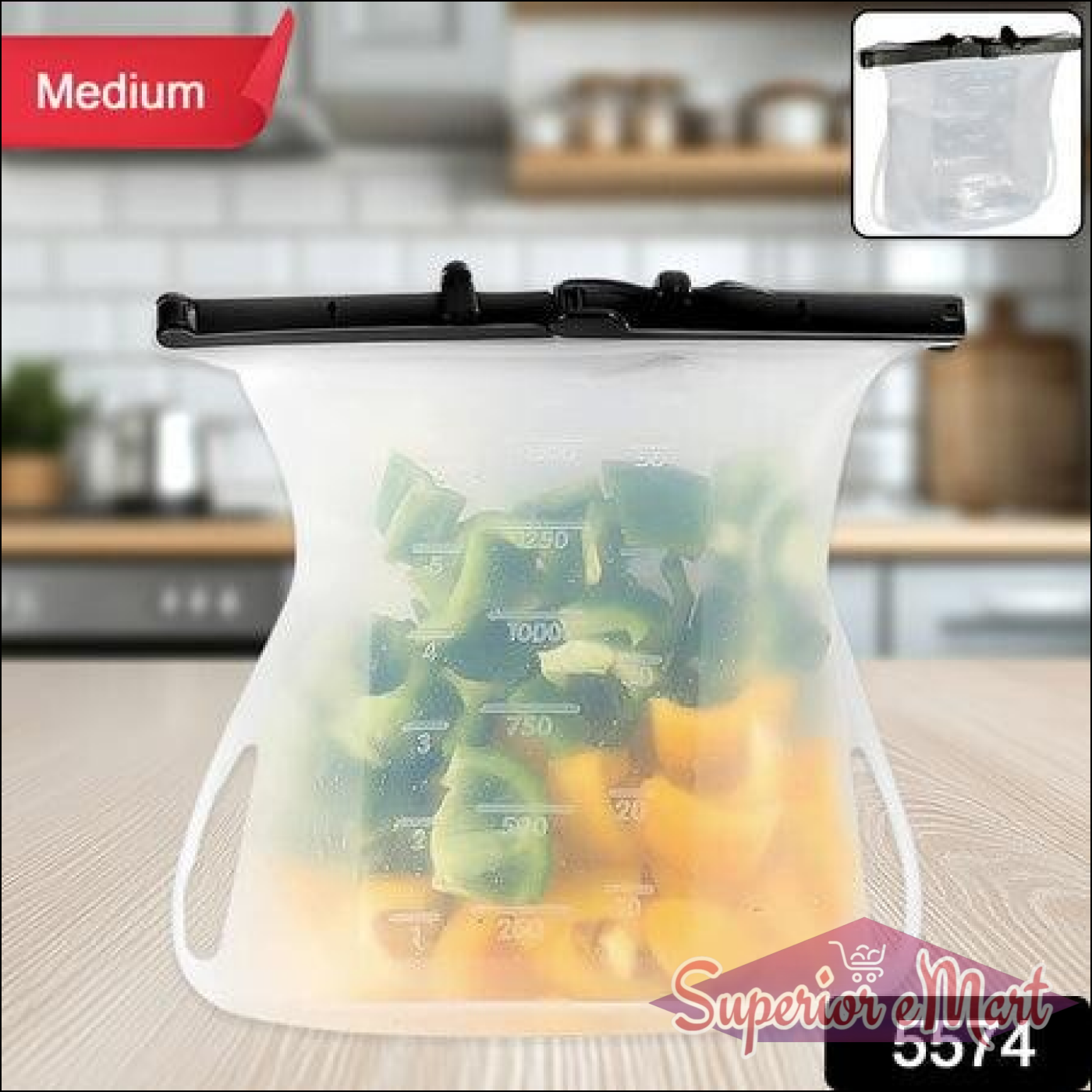 Reusable silicone food storage bag holding chopped vegetables on a kitchen counter