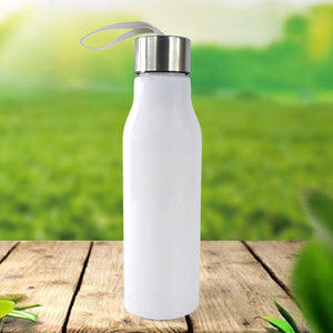 White reusable water bottle 450ml with stainless steel cap and carrying strap on wooden surface