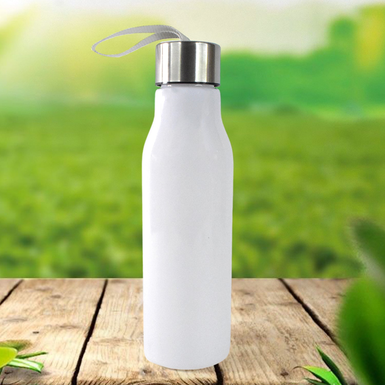 White reusable water bottle 450ml with stainless steel cap and carrying strap on wooden surface