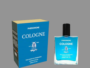 Men's pheromone cologne packaged in a blue box and bottle for an enticing fragrance experience