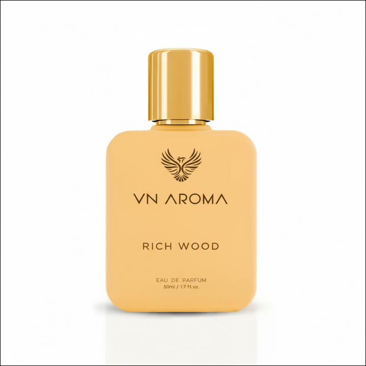 VN Aroma Rich Wood Unisex Perfume in a stylish gold bottle for a luxurious scent experience