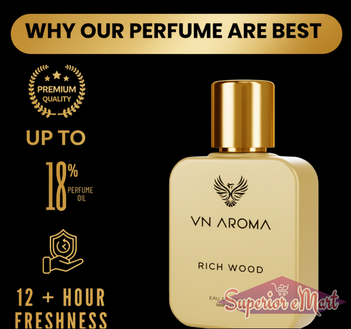 VN Aroma Rich Wood unisex perfume in gold bottle with premium quality features for long-lasting fragrance