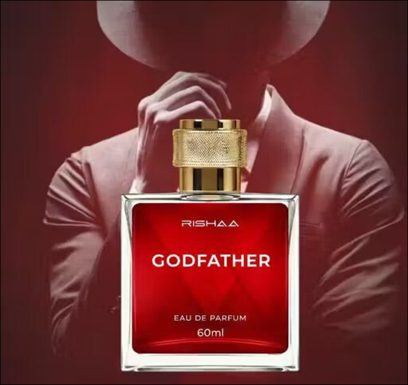 Red Rishaa Godfather Eau de Parfum bottle with gold cap on a red background