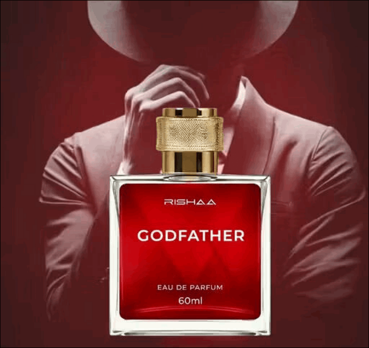 Red Rishaa Godfather Eau de Parfum bottle with gold cap on a red background
