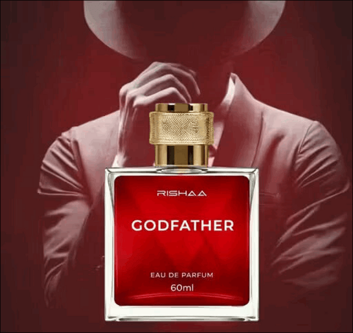 Red Rishaa Godfather Eau de Parfum bottle with gold cap on a red background